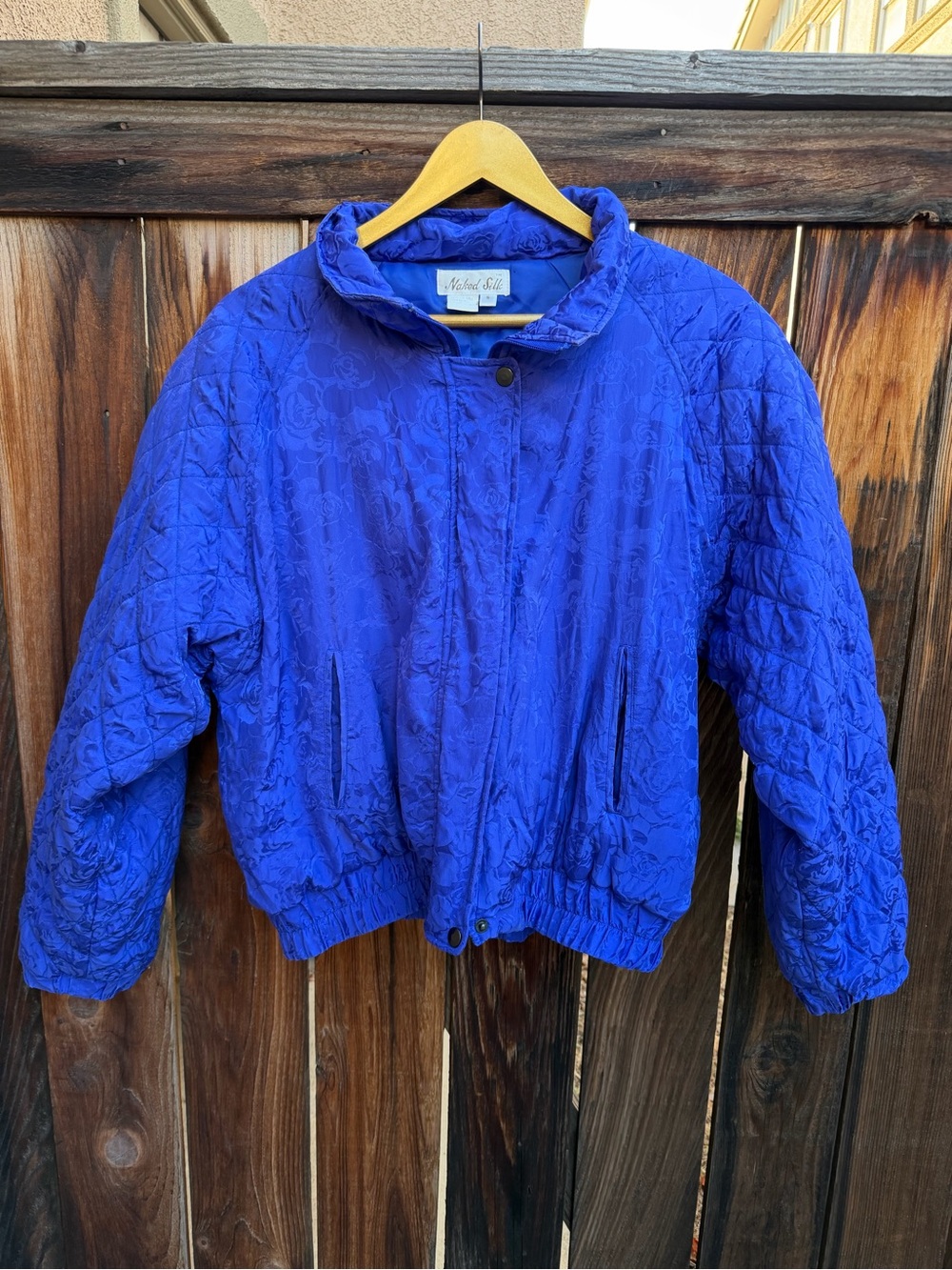 Vintage Naked Silk Royal Blue Quilted Bomber Jacket Small Rose Pattern